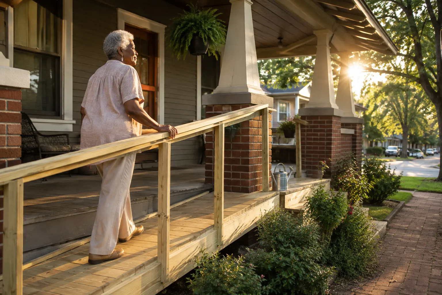 Senior woman walking up a new porch ramp with a handrail, a home modification that supports aging in place